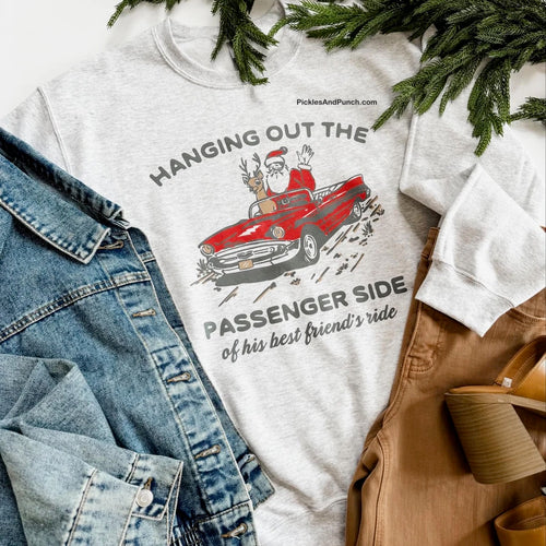 Santa Christmas Sweatshirt - Hanging Out The Passenger Side Santa reindeer classic convertible car 
