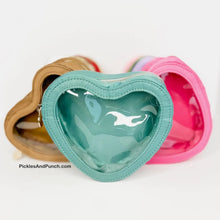 Load image into Gallery viewer, turquoise heart shaped zippered bag Details:  * Made of Nylon * Gold Hardware * See through opening * Approx. 6.7 x 5.7 x 2.2 inches