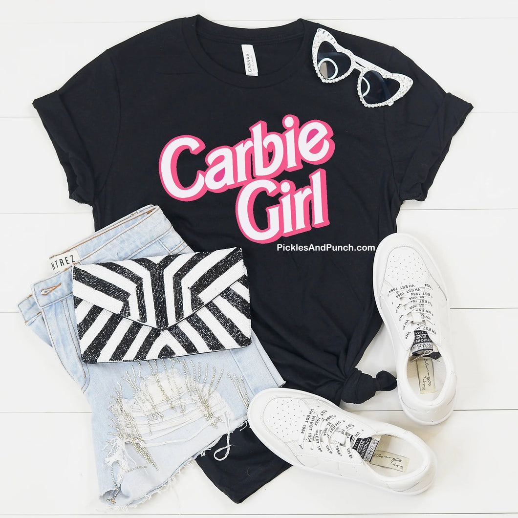 Carbie Girl  Details:  Fit: Unisex Style: Crew neck short sleeve t-shirt Shirt Color: Bella Black w/ Vibrant Hot Pink Printing girly girl I love bread 
