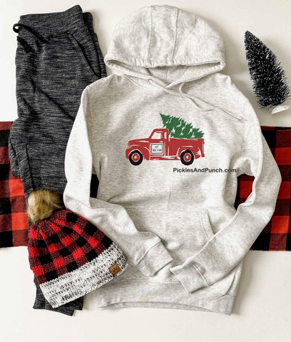 christmas tree truck hoodie sweatshirt little red pickup truck with Christmas tree on top