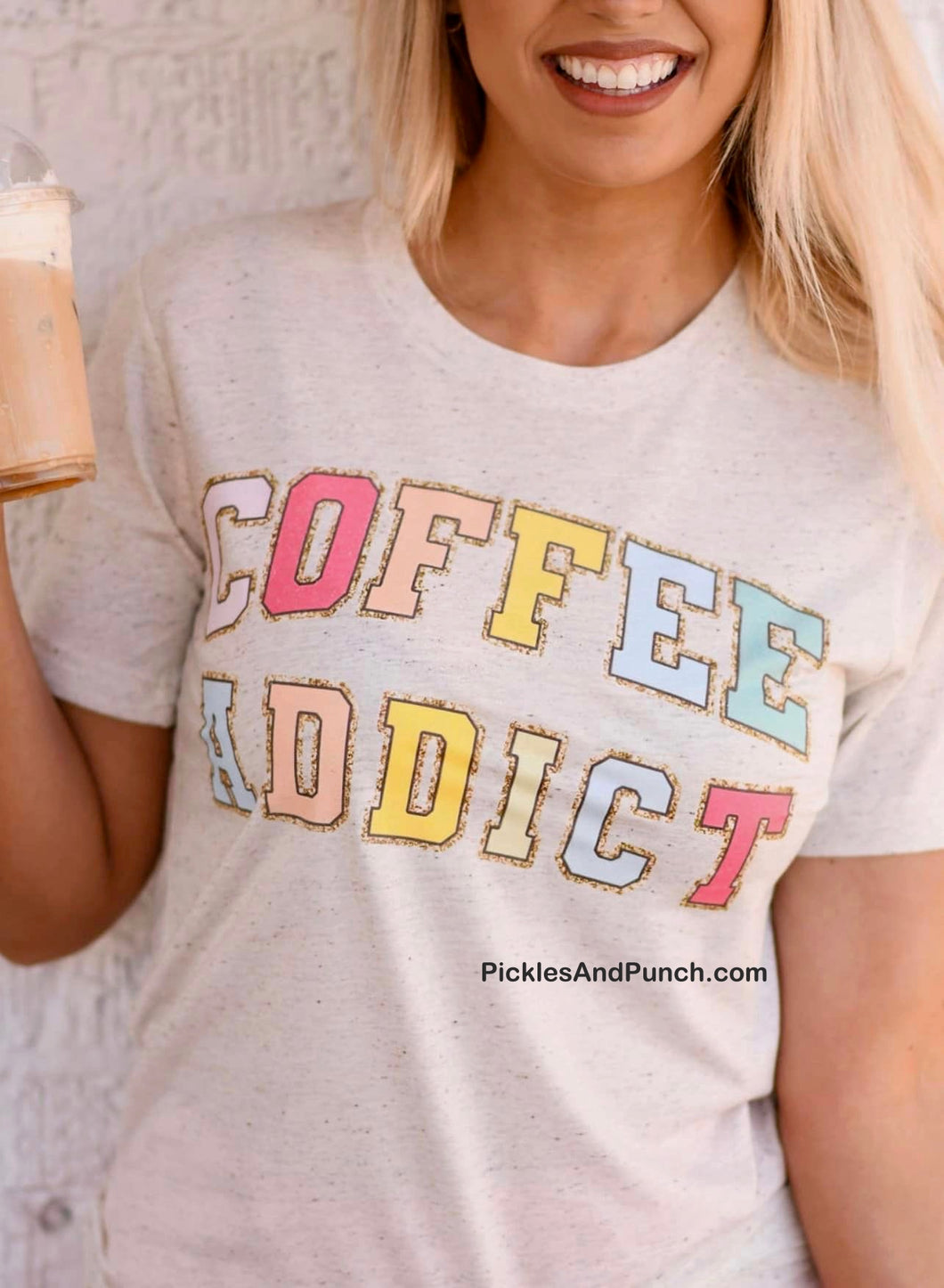 Coffee Addict  These bright printed varsity letters boldly declare your love for coffee in a cheerful way!