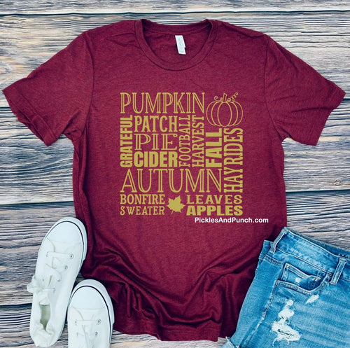 fall word collage grateful autumn bonfire sweater football pie pumpkin patch harvest fall hayrides leaves apples  it's fall y'all graphic tee