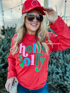brand new Christmas long sleeve tee Holly Jolly vibrant cheerful colors pink, green, blue and red