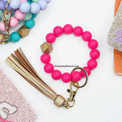 Hot Pink and Gold Beaded Keyring/Keychain/Wristlet