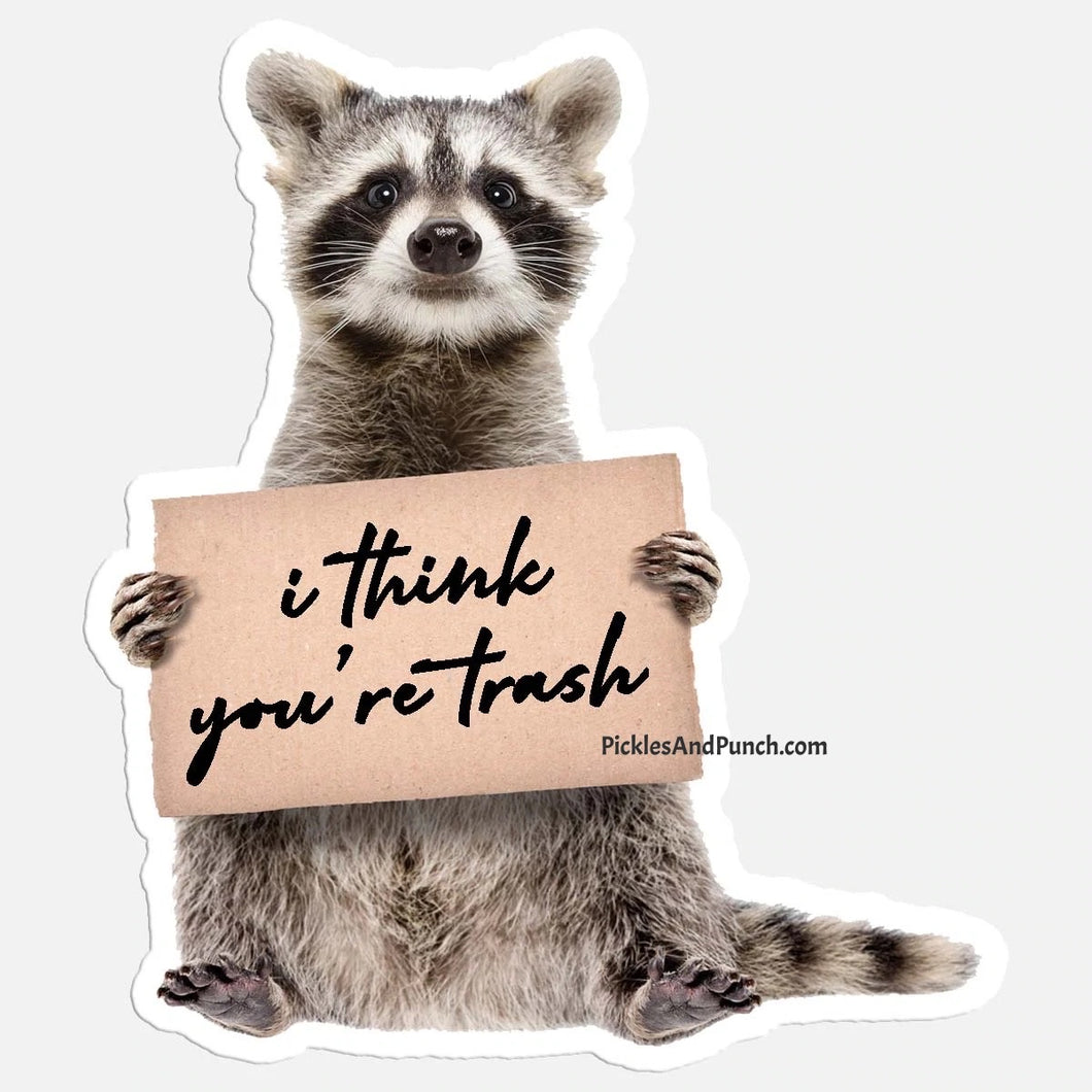 I Think You're Trash Raccoon Sticker trash pandaI Think You're Trash Raccoon Sticker Decal  Save $$ by bundling!  1 for $4, 2 for $7, and 3 for $9.75  Largest side of sticker is approx. 4 inches Durable laminate vinyl  Laminate vinyl is weatherproof and protects from rain and sunlight, as well as scratching Put these vinyl stickers on drinkware, laptops, notebooks, etc! trash panda 