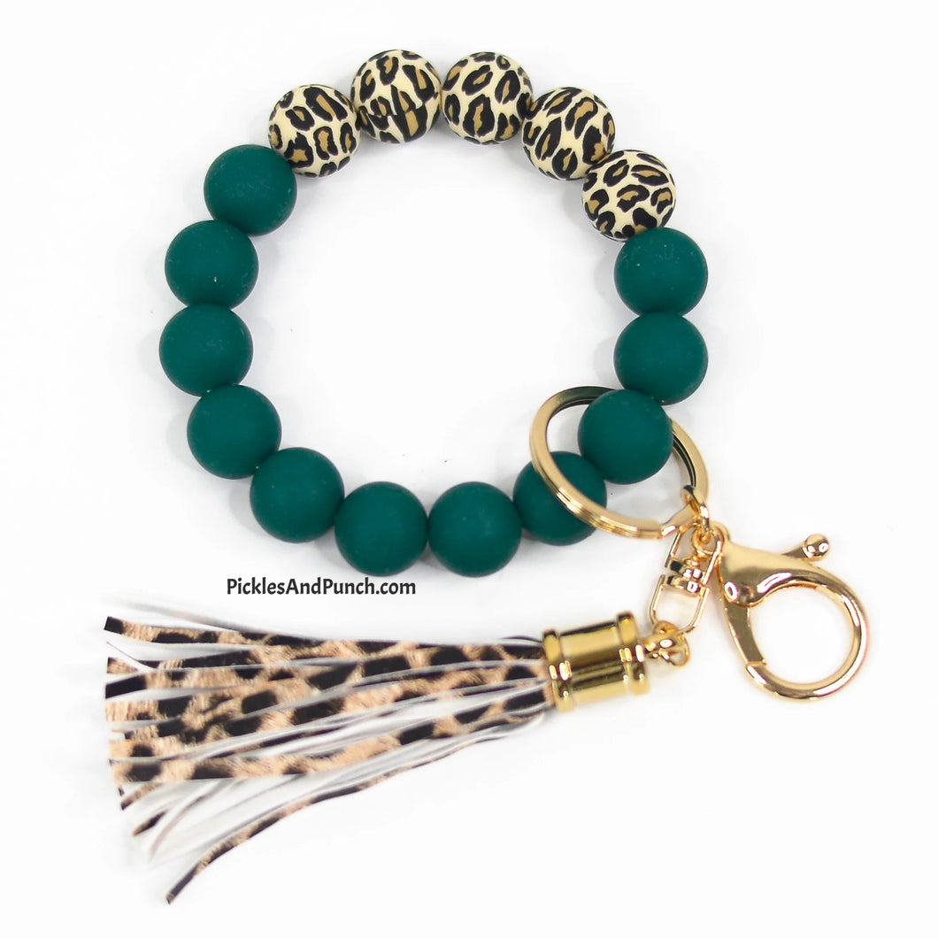 Emerald and Leopard Silicon Beaded Keyring/Keychain/Wristlet w/ Leopard Tassel