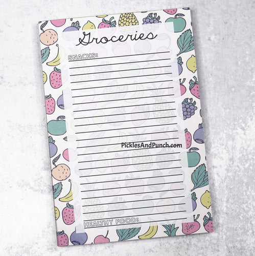 Groceries: Snacks....Healthy Food Notepad  Making a grocery list?  Be sure to include all of your essentials like SNACKS! And maybe a *little* healthy food, too.  Get organized and easily keep important notes and reminders nearby with this notepad.   Details: *50 sheets * 8.25 x 5.75 inches *each sheet has design on it *These notepads do not have a sticky component to them grocery list