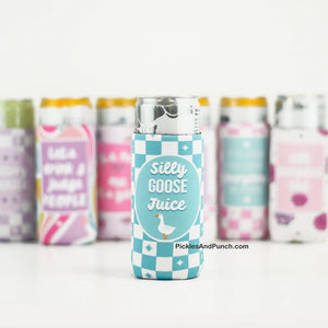Silly Goose Juice SLIM CAN COOLER  Perfect for vacation or just hanging by the pool or lake!  DETAILS: * Made of neoprene * Fits 12 oz size slim cans * Foldable with sewn seams and slotted bottom