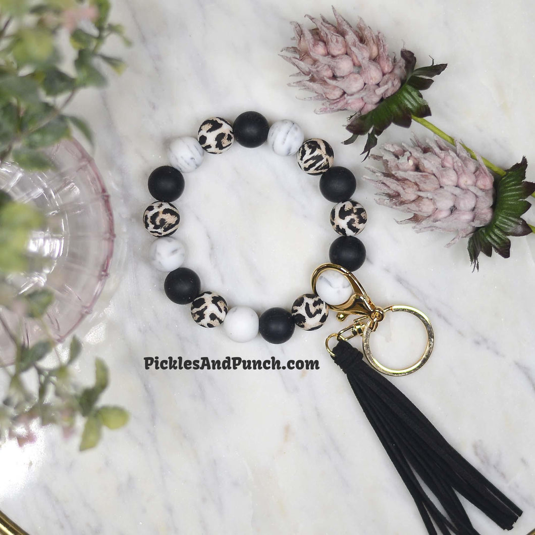 Black, Leopard, and Marble Beaded Keyring/Keychain/Wristlet