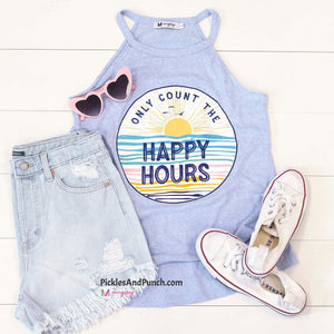 Only Count The Happy Hours (Periwinkle)  This Halter Style Tank Top Is Super Flattering On!  It's Got A Little Length To It To Cover Your Booty But Also Shows Off Your Sexy Shoulders!   These Heather Periwinkle Colored Tanks Are True To Size rocker tank style 