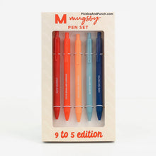 Load image into Gallery viewer, 9 to 5 - 5 Pack Pen Set  *Mute Yourself *Your Ideas Are Garbage *Always Out of Office *Quietly Quitting *Here For The Tea  Details:  * Set of 5 colorful soft touch pens * Black gel ink * Comes packaged in a branded box