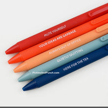 Load image into Gallery viewer, 9 to 5 - 5 Pack Pen Set  *Mute Yourself *Your Ideas Are Garbage *Always Out of Office *Quietly Quitting *Here For The Tea  Details:  * Set of 5 colorful soft touch pens * Black gel ink * Comes packaged in a branded box