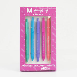 Aggressive Compliments 5 Pack Pen Set  *Why So Confident *At Least You Tried *You Already Peaked *You're Not As Dumb As You Look *You Look Better In Pictures   Details: * Set of 5 colorful soft touch pens * Black gel ink * Comes packaged in a branded box