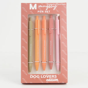 Dog Lovers 5 Pack Pen Set  *My Dog Hates You *I'm Just Here to Pet Your Dog *Your Dog's Favorite, Probably *My Dog Is My Plus One *My Dog And I Talk Shit About You  Details:  * Set of 5 colorful soft touch pens * Black gel ink * Comes packaged in a branded box