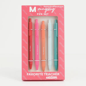 Favorite Teacher 5 Pack Pen Set  *Ms. Takes *Ms. Understood *Ms. Behaving *Ms. Information *Ms. Leading   Details:  * Set of 5 colorful soft touch pens * Black gel ink * Comes packaged in a branded box