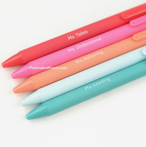 Favorite Teacher 5 Pack Pen Set  *Ms. Takes *Ms. Understood *Ms. Behaving *Ms. Information *Ms. Leading   Details:  * Set of 5 colorful soft touch pens * Black gel ink * Comes packaged in a branded box