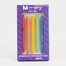 Load image into Gallery viewer, Same Shit Different Day 5 Pack Pen Set  *Mother Fucking Monday *Titty Twist Tuesday *What The Fuck Wednesday *Throat Punch Thursday *Fuck It Friday  Details:  * Set of 5 colorful soft touch pens * Black gel ink * Comes packaged in a branded box