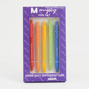 Same Shit Different Day 5 Pack Pen Set  *Mother Fucking Monday *Titty Twist Tuesday *What The Fuck Wednesday *Throat Punch Thursday *Fuck It Friday  Details:  * Set of 5 colorful soft touch pens * Black gel ink * Comes packaged in a branded box