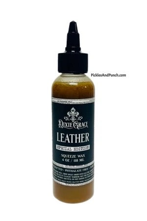 Leather - Squeeze Wax  No mix. No blend. Not toned down. This is a strong leather scent. Imagine a leather shop. A little will go a very long way. Blends nicely to tone down the strong leather scent. 