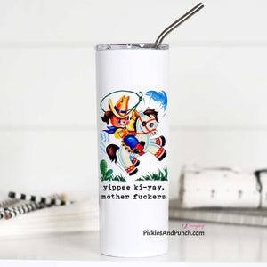 vintage children's memories childhood nostalgia tall travel tumbler insulated  yippee kiyay mother fuckers cowboy horse